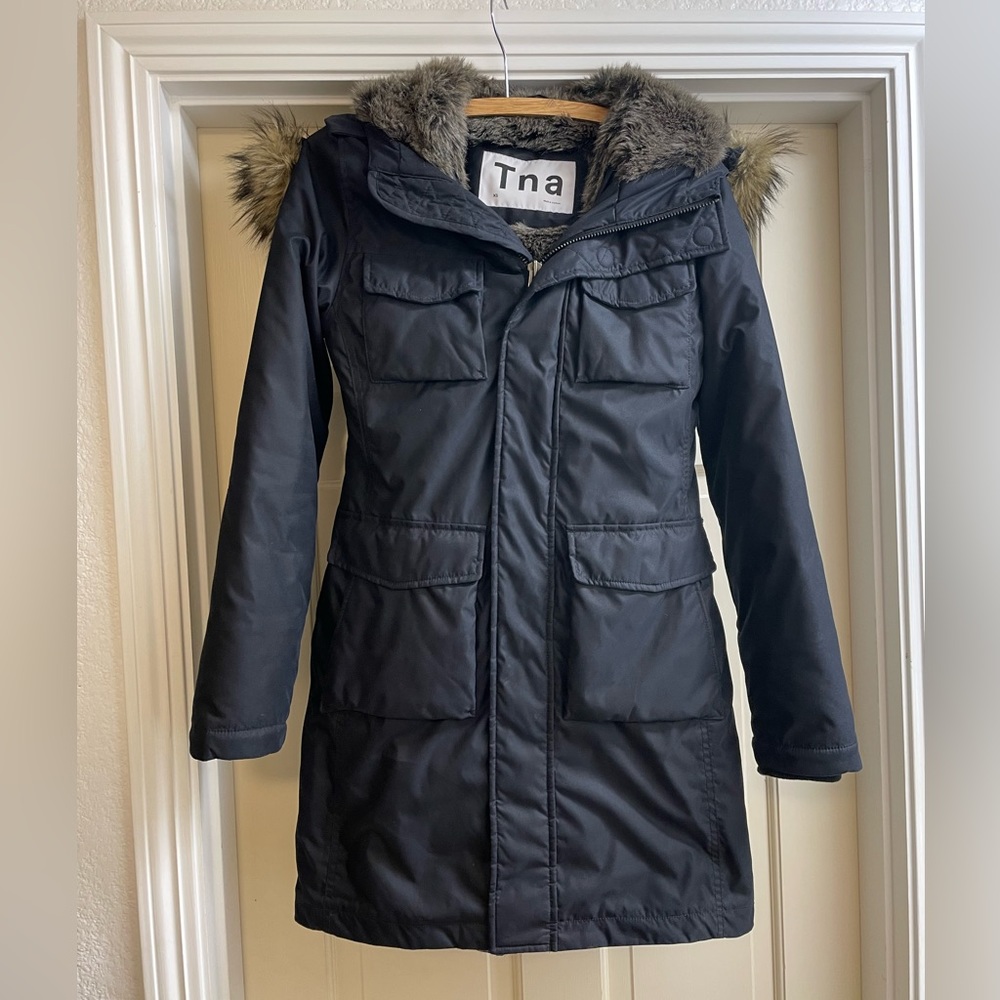 Aritzia Tna Jacket Parka, Women’s XS, Black with Faux Fur Lining